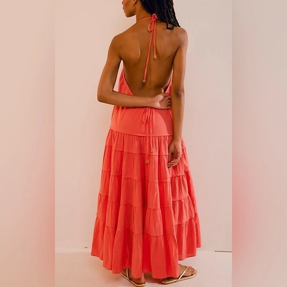 NWOT FREE PEOPLE, Somewhere Sunny Drop Waist Maxi, Large in Radiant (Coral) - Picture 3 of 9